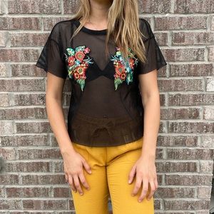 Fishnet/ Mesh Top Shirt - See Through Top - Threaded Designs - Size M